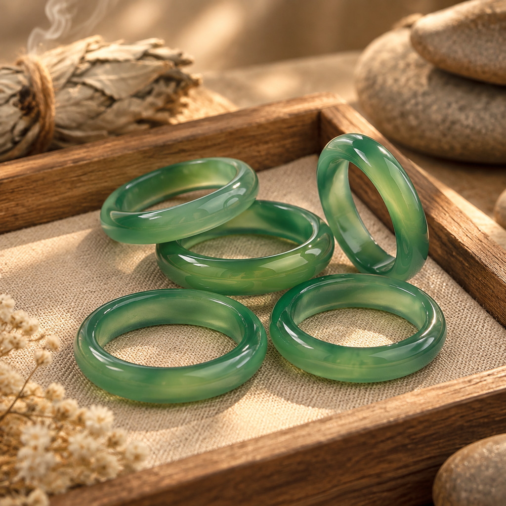 Women's Green Agate Natural Stone Band Ring, Stackable