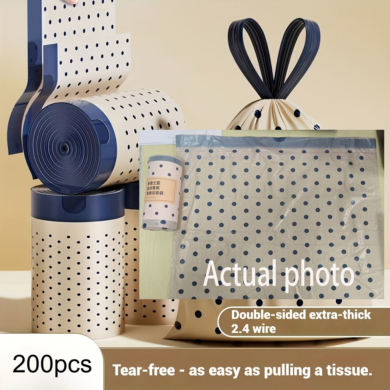 TEMU 1 Roll/ 200pcs Drawstring Garbage Bags, Large Size, Thickened, With Automatic Closing Feature, Suitable For Household Use, Including Kitchen,