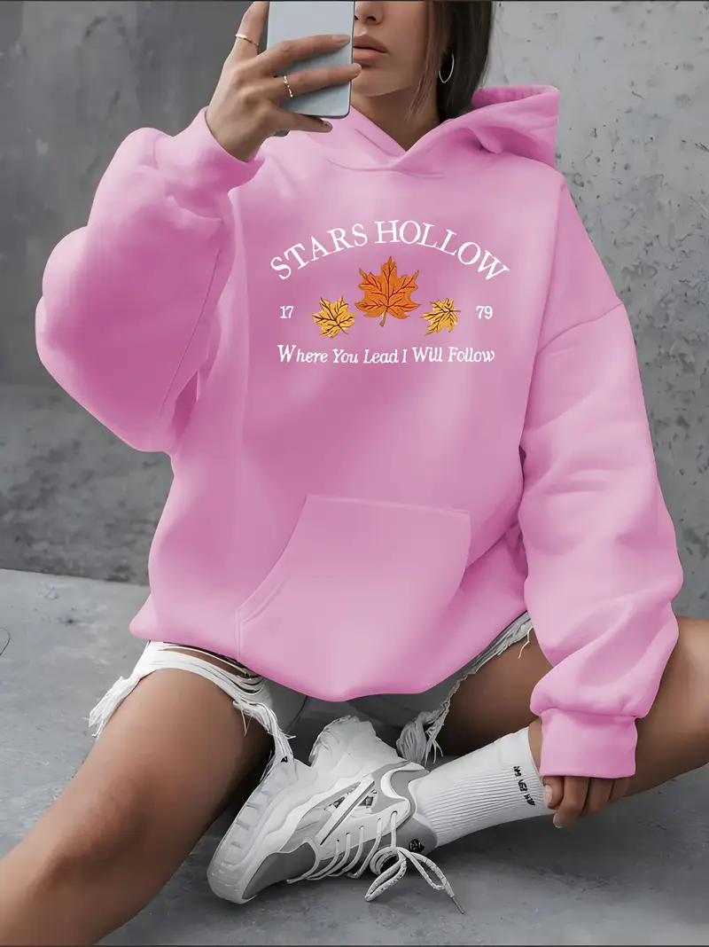 Pink Women'S "Stars Hollow" Graphic Hoodie - Cozy Fall & Winter Casual Pullover with Maple Leaf Design