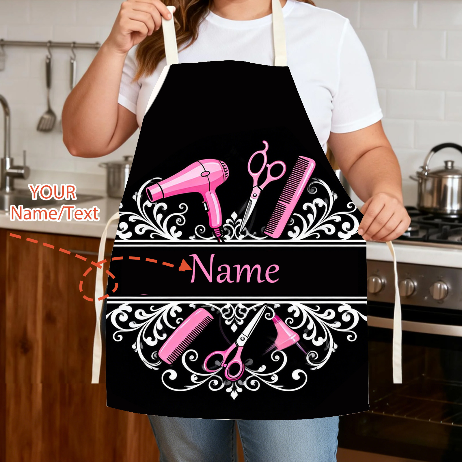 TEMU 1pc Custom Name 2d Flat Printed Creative Hairdresser Pattern Print Work Apron, Apron With - Fashion Gardening Work Apron, 2d Flat
