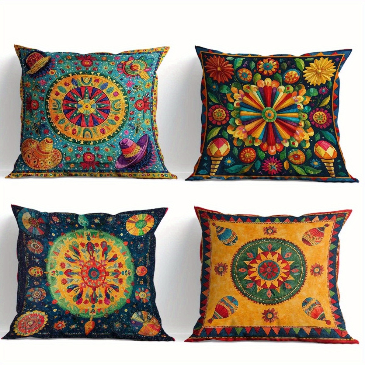 E-shop Ein Set aus 4 lebendigen mexikanischen Sonnenblumen- und Kissenbezügen im ethnischen Stil mit Reißverschlüssen, geeignet für Heim- und