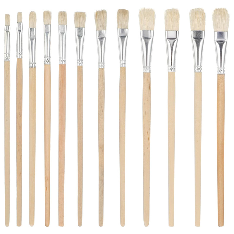 

12pcs Flat Paintbrush Set With Mixed Bristles - Wooden Handle Artist Brushes For Acrylic, Watercolor, And Rock Painting