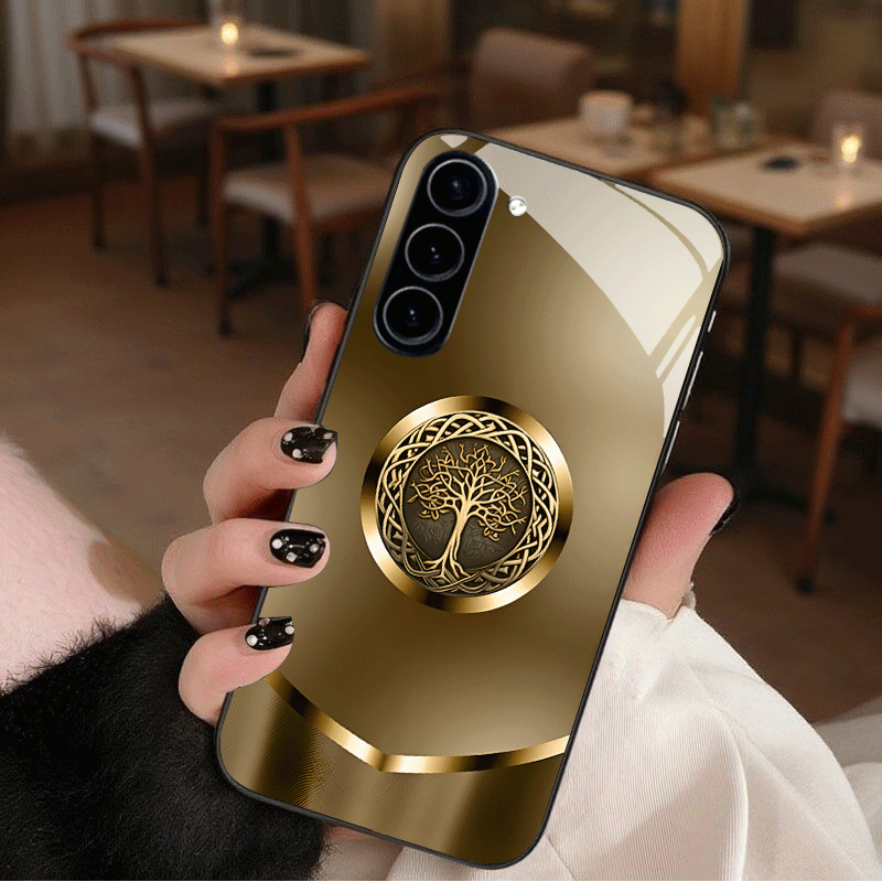 TEMU Золоте Дерево Життя Візерунок Загартоване Скло Чохол для for Samsung Galaxy S25/S25+/S25 Ultra/S24/S24 FE/S24+/S24 Ultra/S23/S23+/S23