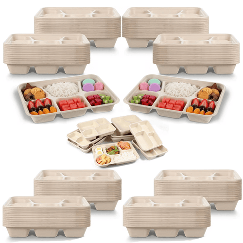 paquete de 50 platos de compostables de 6 compartimentos para - 11x8 para , catering, bandejas de pícnic | platos desechables para microondas y a prueba de aceite para fiestas, uso comercial, desechos