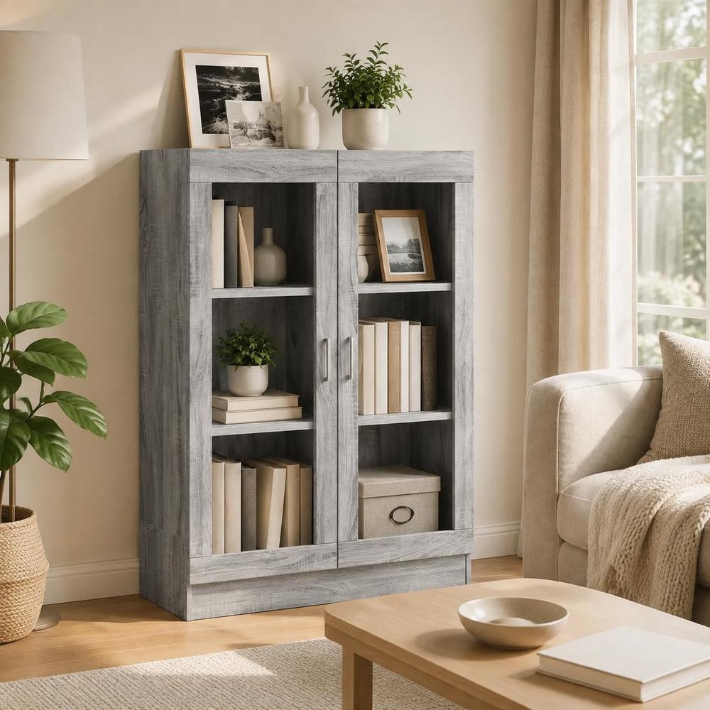 Image of Modern Minimalist Grey Bookcase With 3 Shelves & 2 Doors - Wood Storage Cabinet Suitable For Living Room, Bedroom, Office, , Assembly, Space-saving, Layered Shelves For Books & Decor