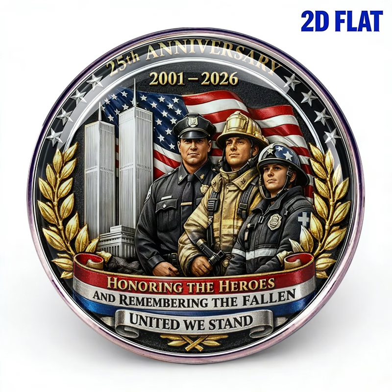 TEMU 1pc Pièce de monnaie commémorative 2D plate en hommage aux du 9/11, commémorant le 25e anniversaire, souvenir des morts au service public,