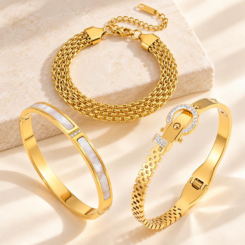 Textured Bracelet and Bangle Pack with Shell Inlaid Slim Bangle