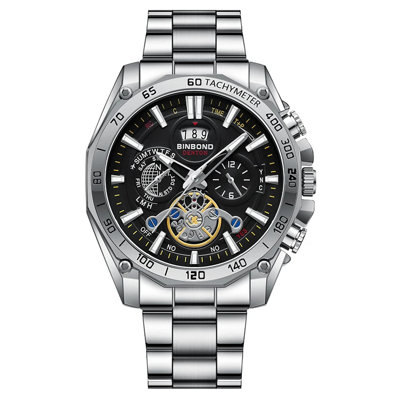 TEMU Stainless Steel Three-eye Six-pin Men's Watch Reloj Hombre Watch And Gift Box, Without Battery