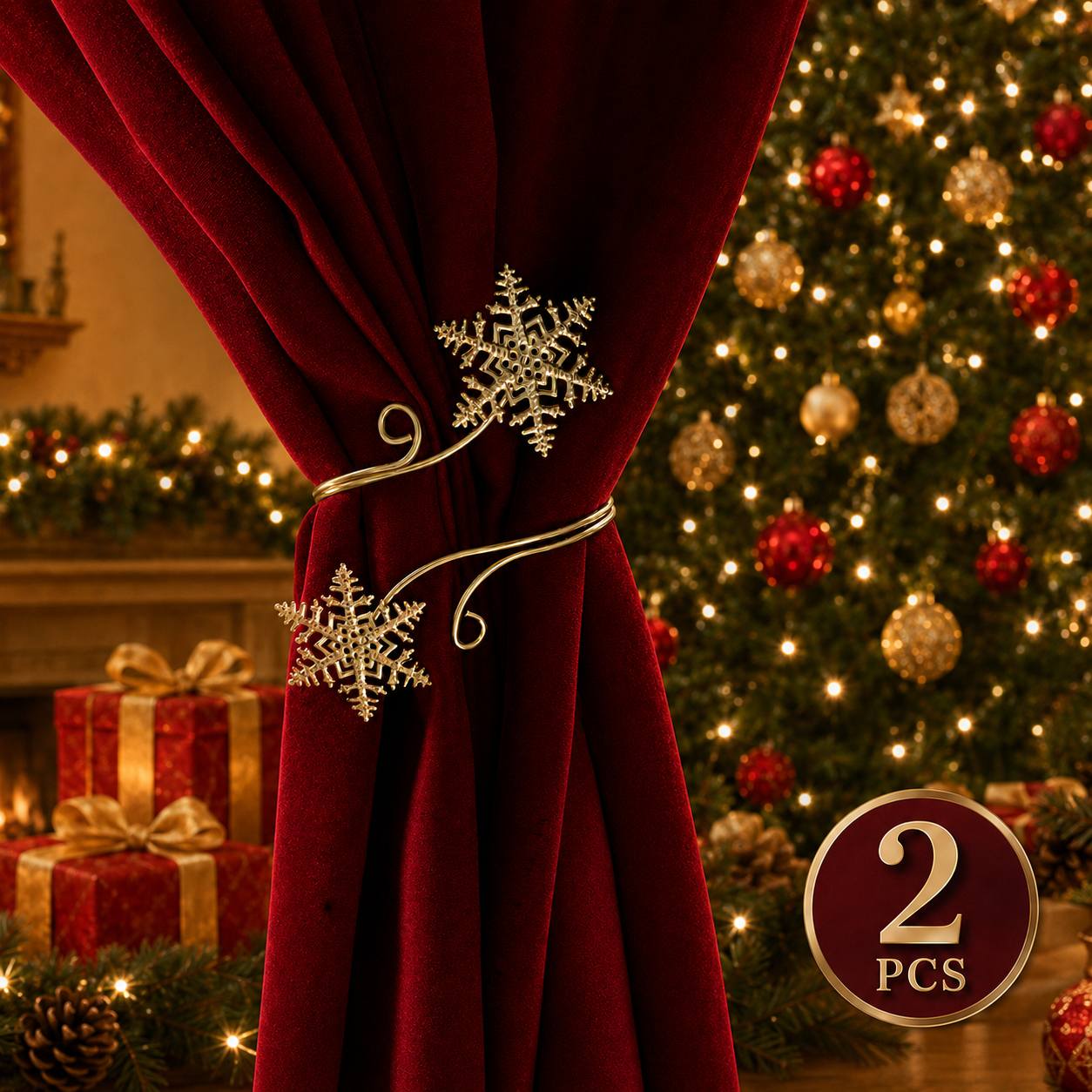 TEMU 2/1pc Attaches de rideau de neige doré, Attaches de rideau décoratives en métal pour Noël, Crochets de rideau de Noël pour chambre à coucher,