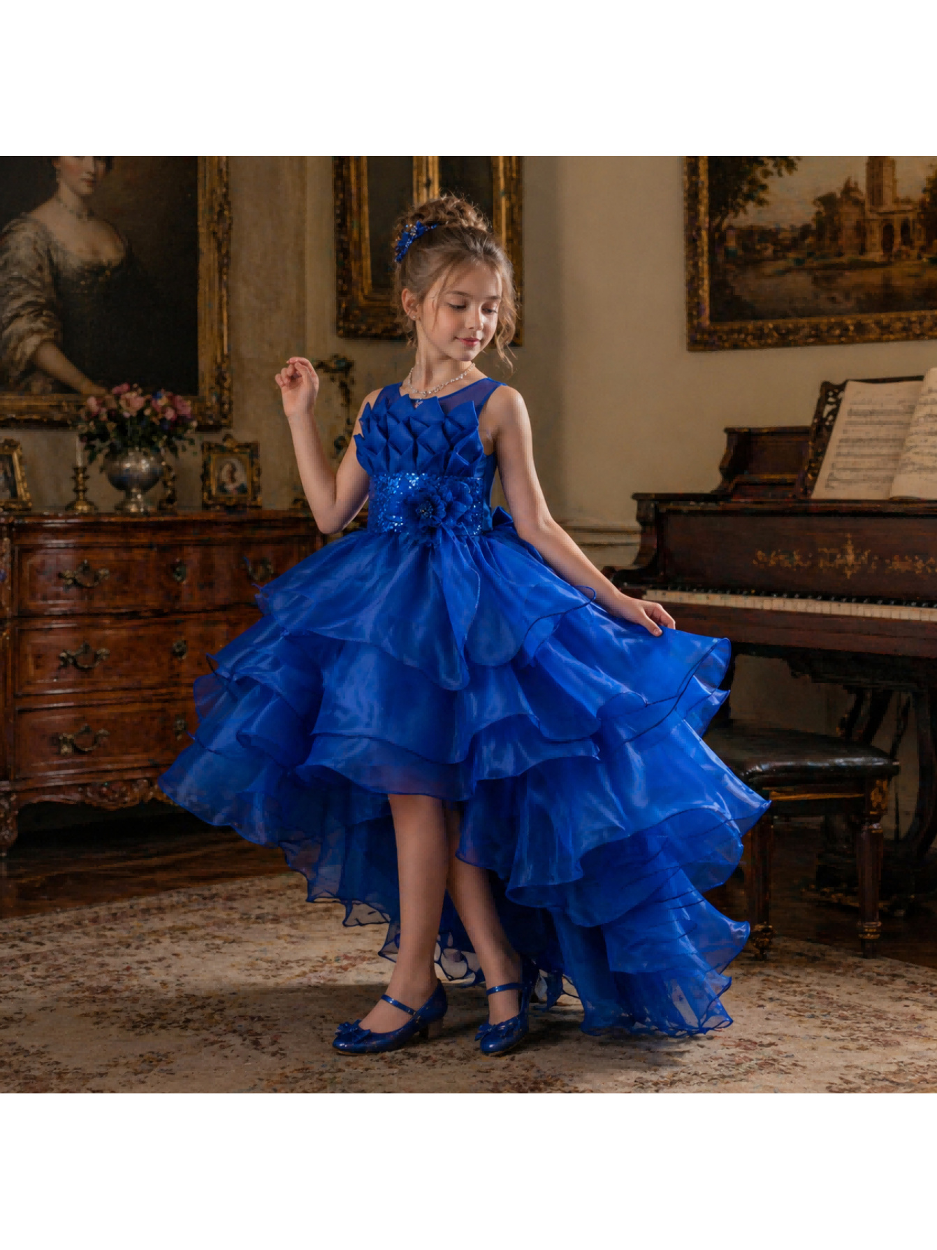 girls.formal.dress Teen Girl Semi-Formal Dress with Scarf Collar and Blue flowers main image 0