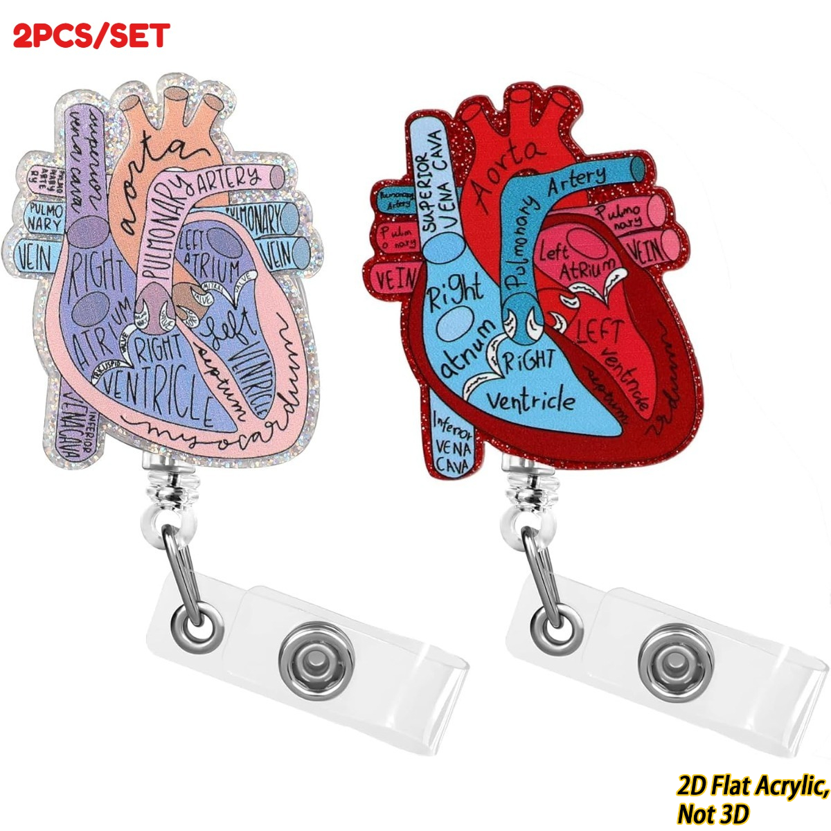 TEMU 2d Style 2pcs/set Heart-shaped Badge Clip Heart-shaped Retractable Id Lanyard Fun Clip-style Anatomy Nurse Name Badge Clip Pediatric Nursing