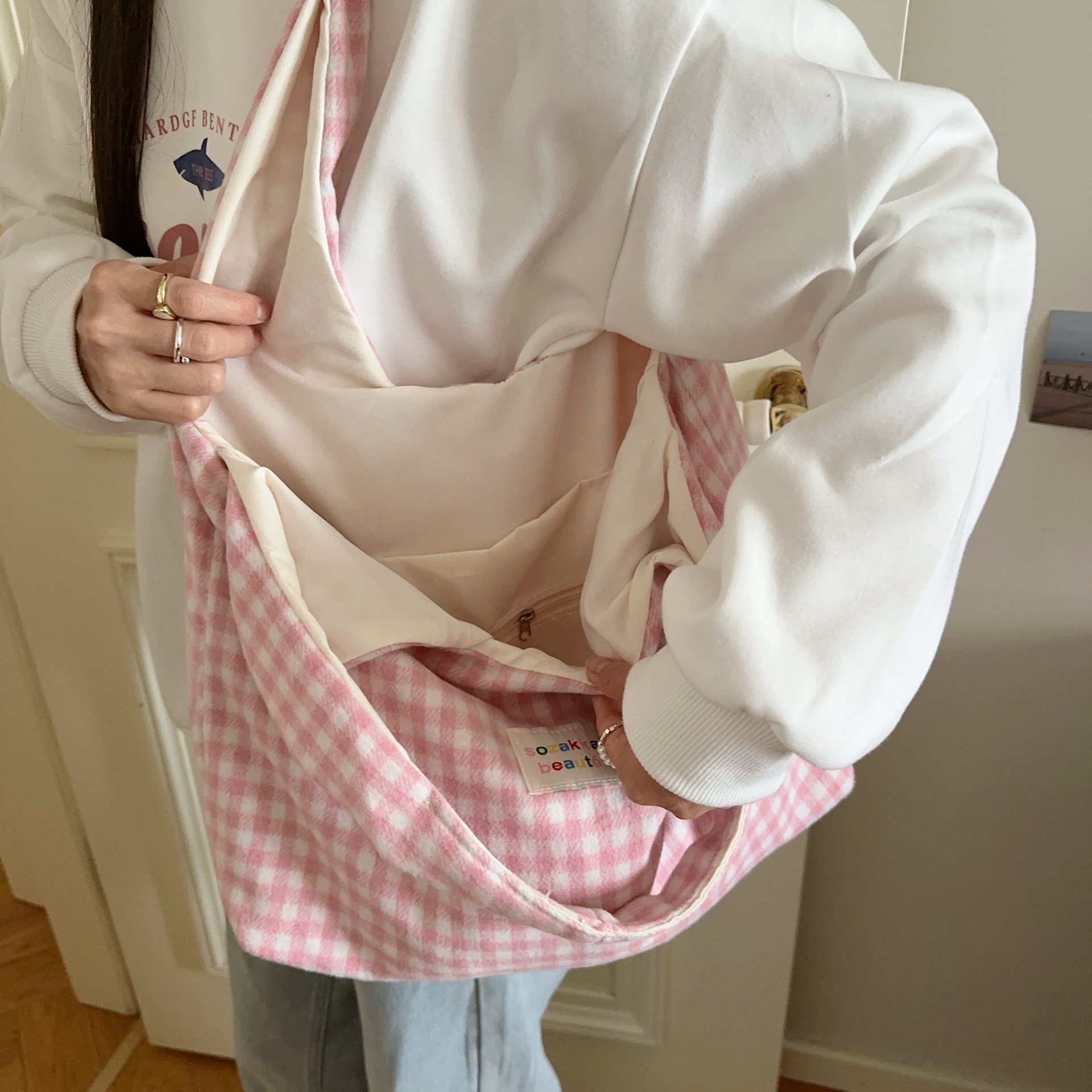 Pink Gingham Hobo Tote Bag Large Capacity Casual Shoulder Purse_voghion.com