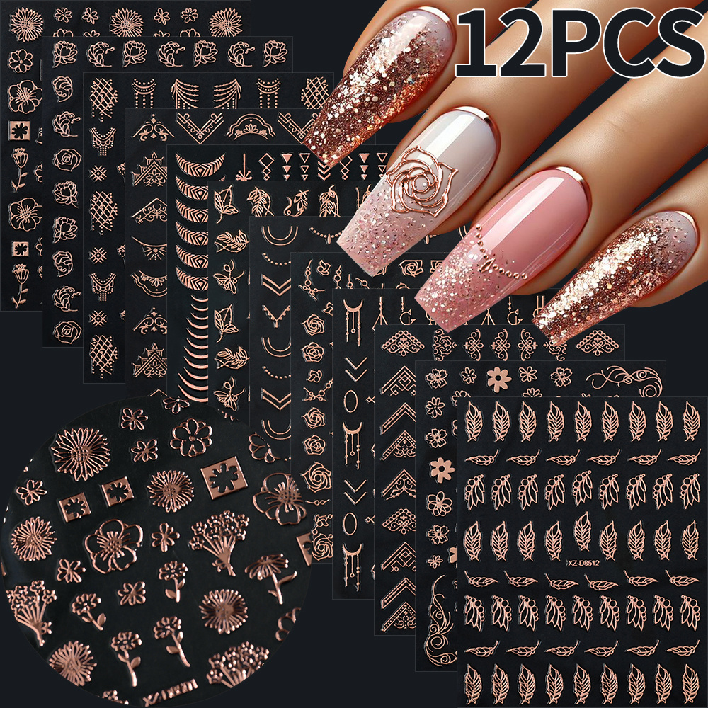 Image of 12 Sheets 3d Rose Stickers - 3d Self-adhesive Decals With Flowers & Leaves, Geometric Patterns For Diy Nail Art & , Your Manicure To Salon-grade Glam !