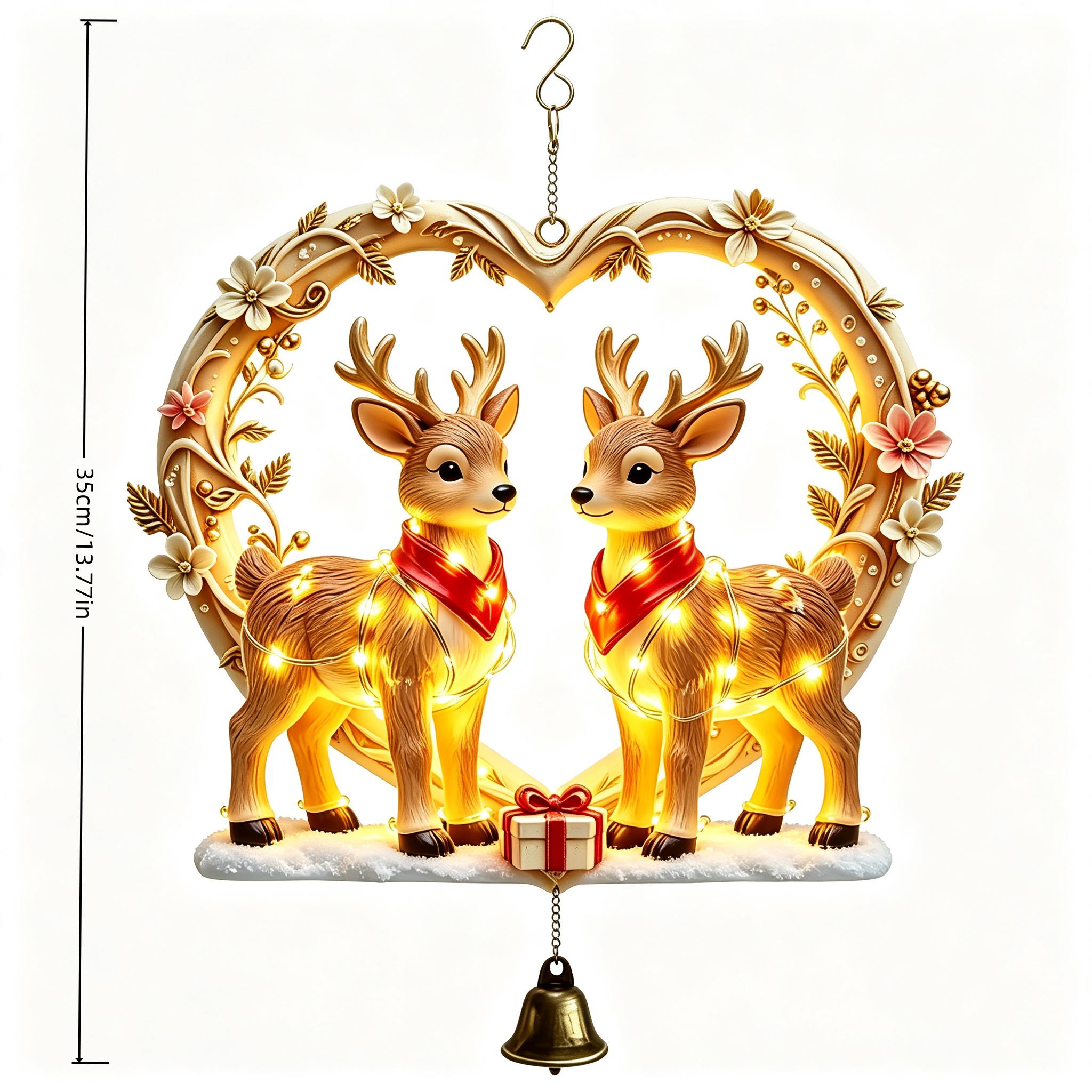 TEMU Carved Heart-shaped Floral Frame With A Christmas Double-deer Warm-light Wind Chime Pendant. Hung Indoors On Window Sills Or , And Outdoors In