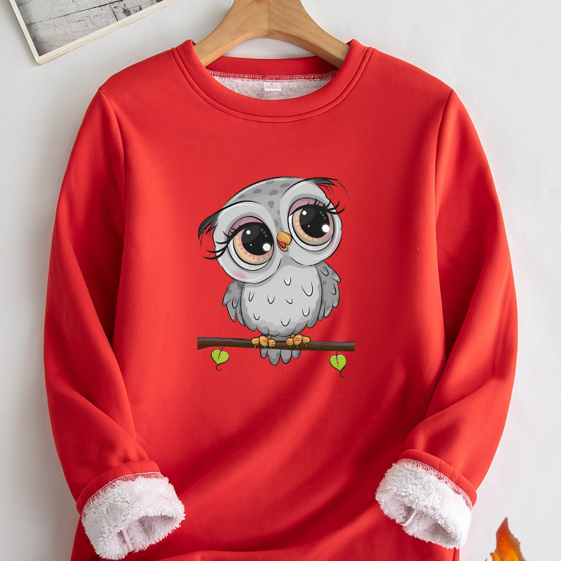 

1pc Women's Casual Crew Neck Sweatshirt, 100% Polyester Knit Fabric, Alphabet Owl Print, Thermal Lined, , Fall/ Top