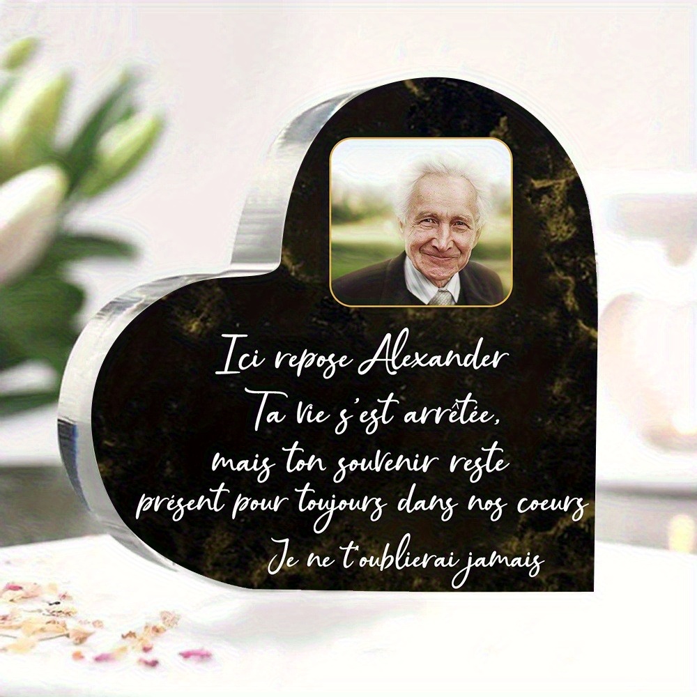 TEMU 1pc Plaque Commémorative de Cœur Personnalisée - Nom et Photo Gravés, Acrylique de Haute Qualité Idéal pour Anniversaires, Funérailles,