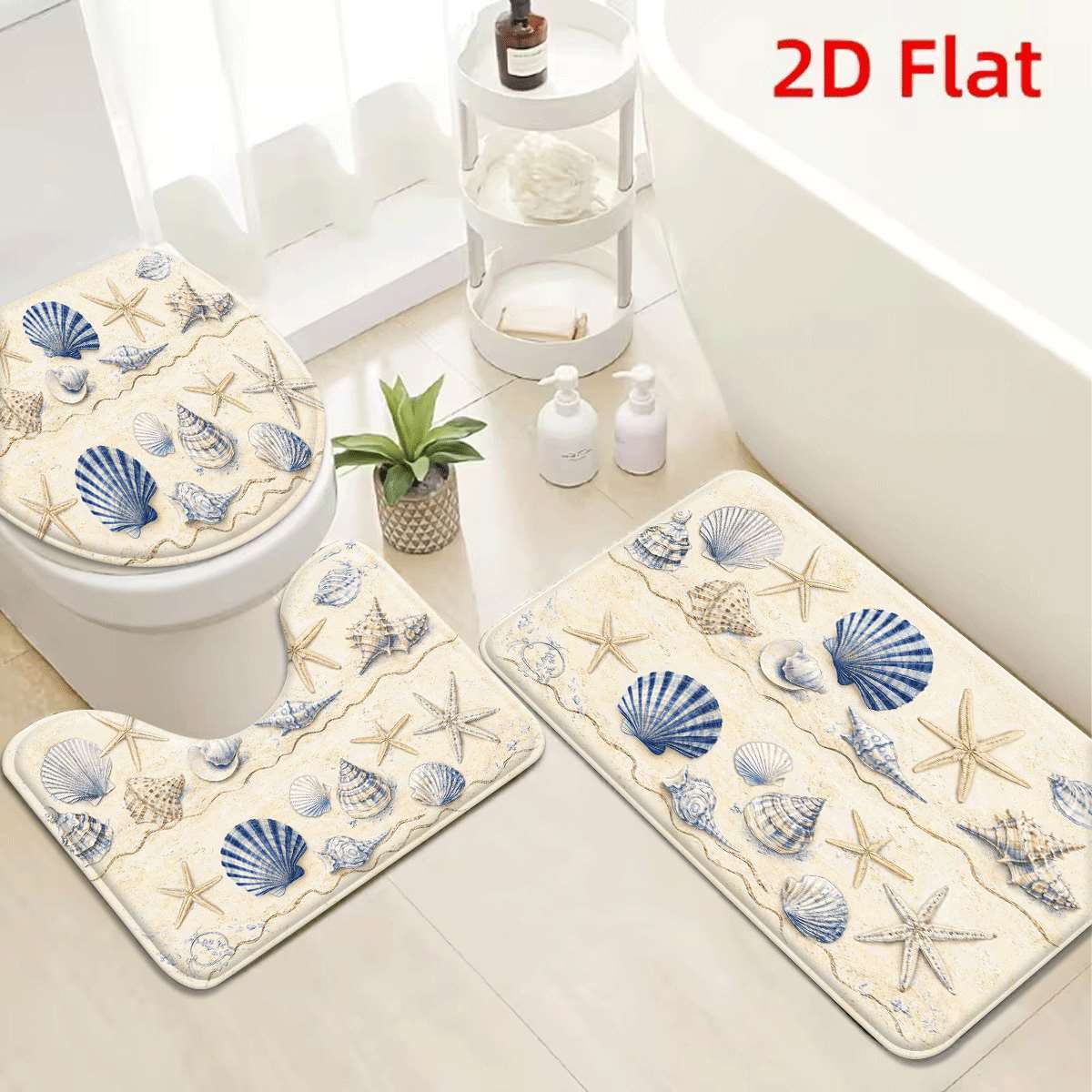 TEMU 2d Flat 3pcs Beach Seashell Starfish Pattern Flannel Non-slip Toilet Mat Mat Absorbing Washable Bathroom Decor Kitchen Accents Rugs For Bath