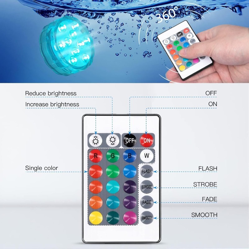 Submersible RGB LED Lights – 10-LED Waterproof Remote Control Light For Vases, Fish Tanks, Weddings, Parties (Battery Operated)