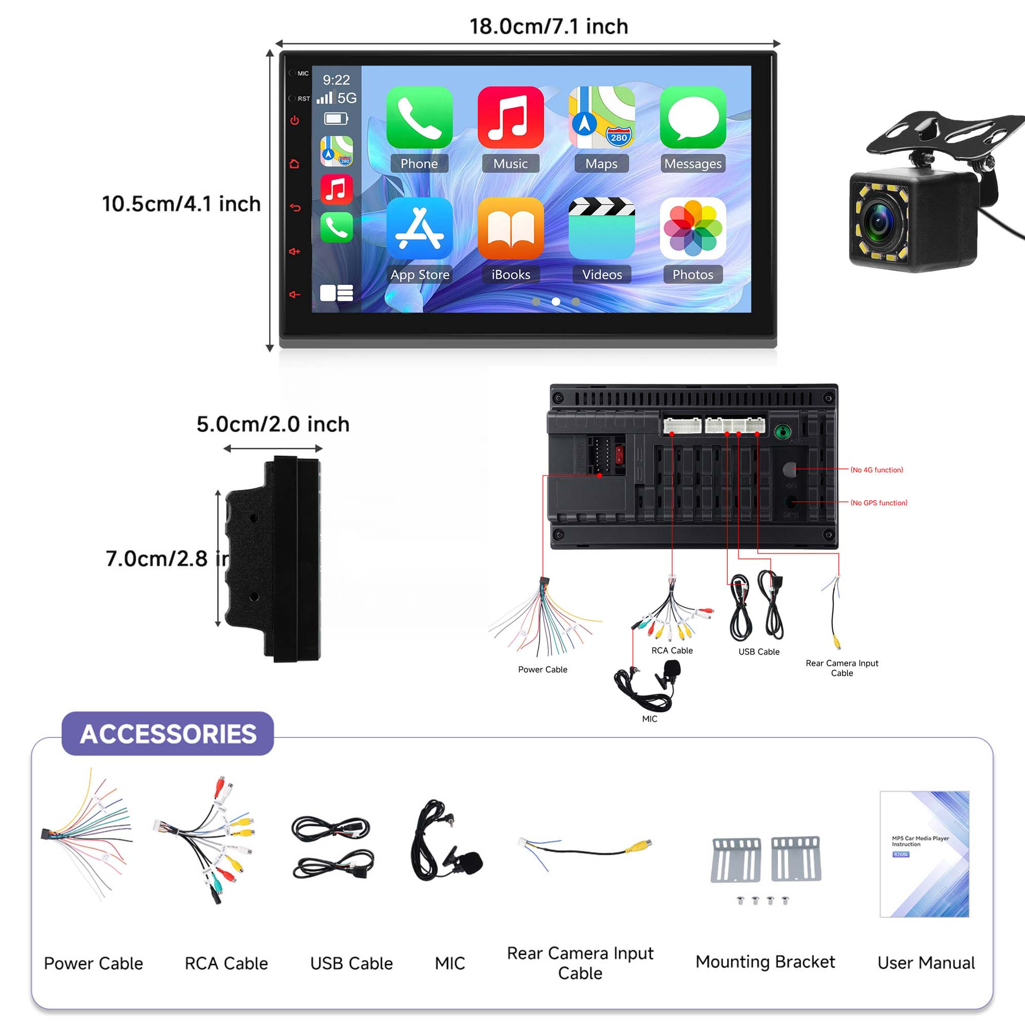 7 Inch Double Din Car Stereo Mp5 With Auto, 1024x600 Ips Touchscreen Car Radio With Wireless, Video, , Vi-link Screen Projection, Dsp, Fm/rds, Swc, Rearview Camera
