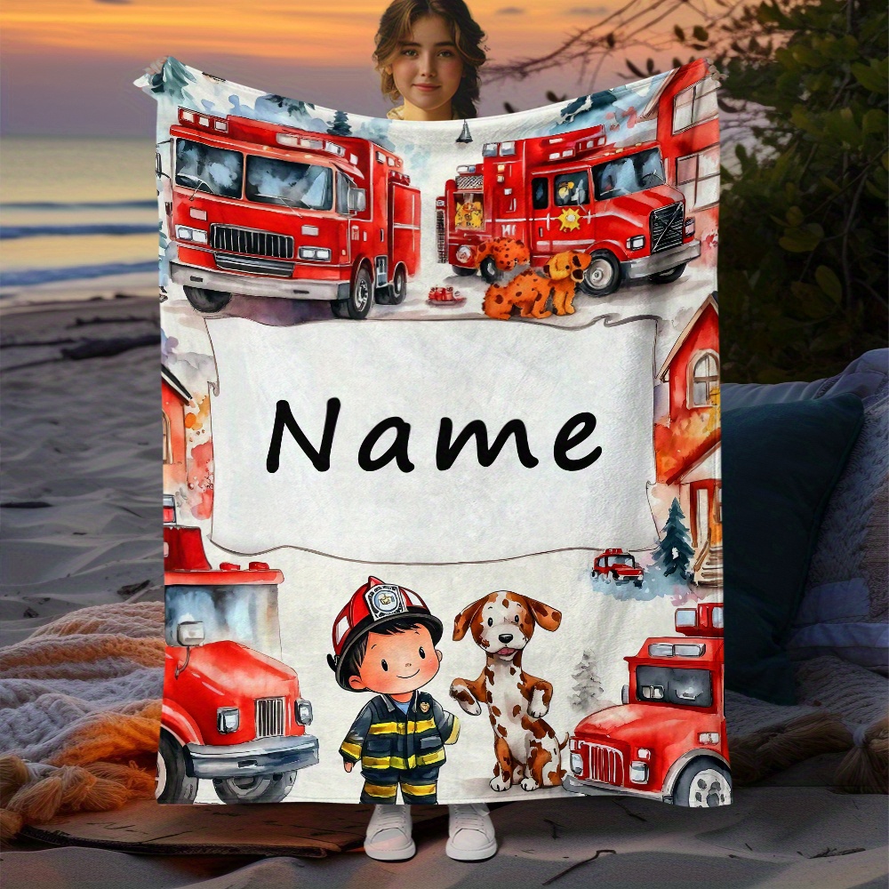 E-shop Personalisiertes Niedliches Cartoon-Feuerwehrauto-Decke – Leichte Flanell-Heimtextilien Bettdecken Decke geeignet für Sofas, Betten, Reisen,