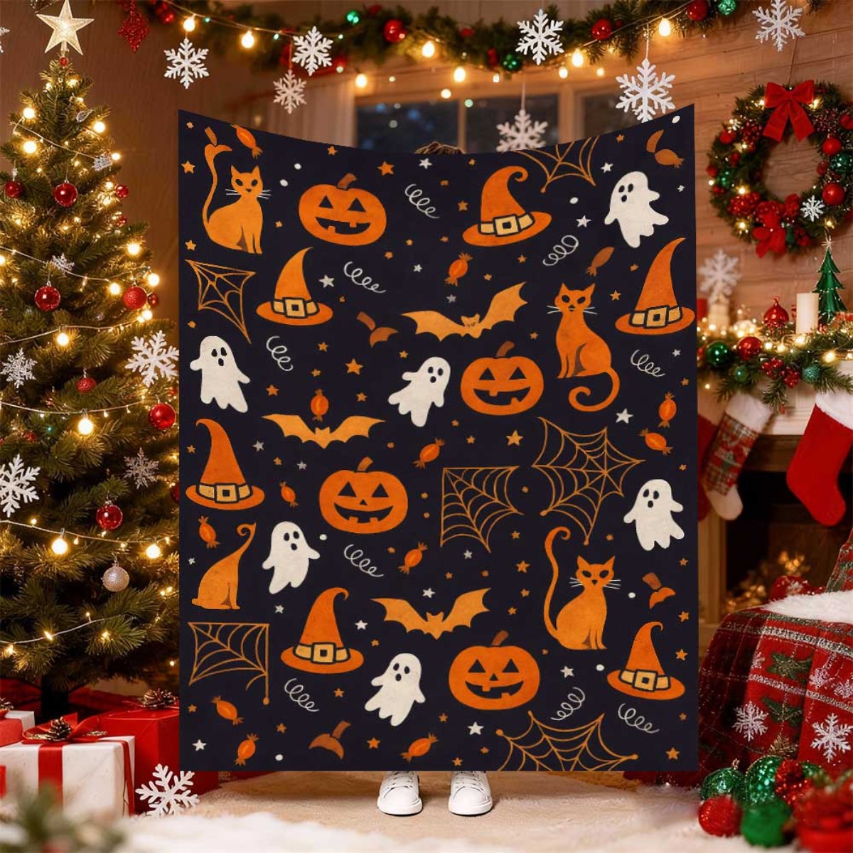 TEMU 280gsm 1pc Of Comfortable Flannel Blanket- Soft And Warm, Suitable For , Plush Blanket With Pumpkin And Web Halloween Design, Black Background