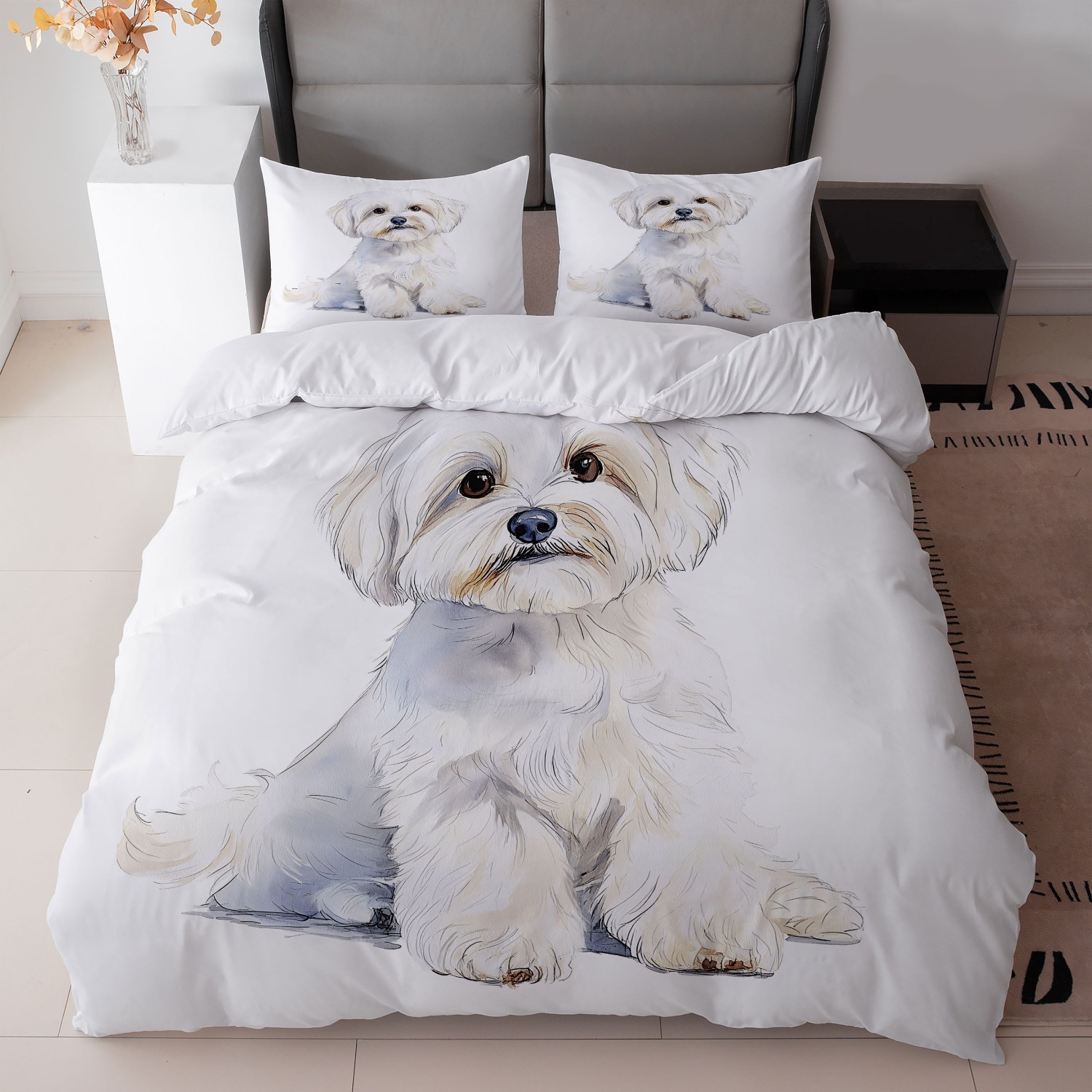 TEMU 3-teiliges Bettwäsche-Set mit Hundeprint in Weiß + Weiße Bettdeckenbezug + 2 Kissenbezüge, ohne Füllung, ideal für das Schlafzimmer (1