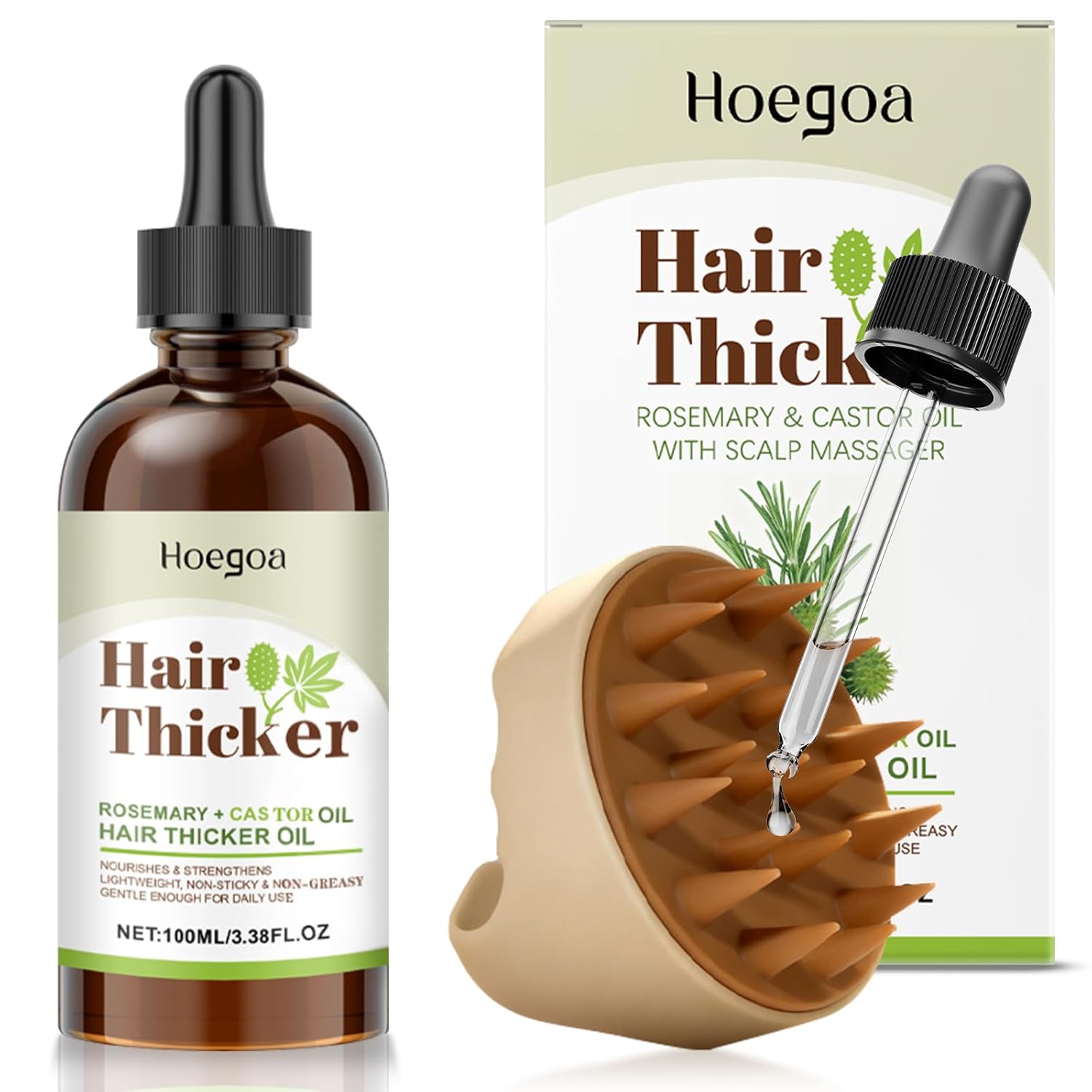TEMU Rosemary& Castor Hair Volumizing Oil+ Scalp Massager Set, Split Ends& Dry Hair Care-looking Hair- Hair (3.38fl.oz)