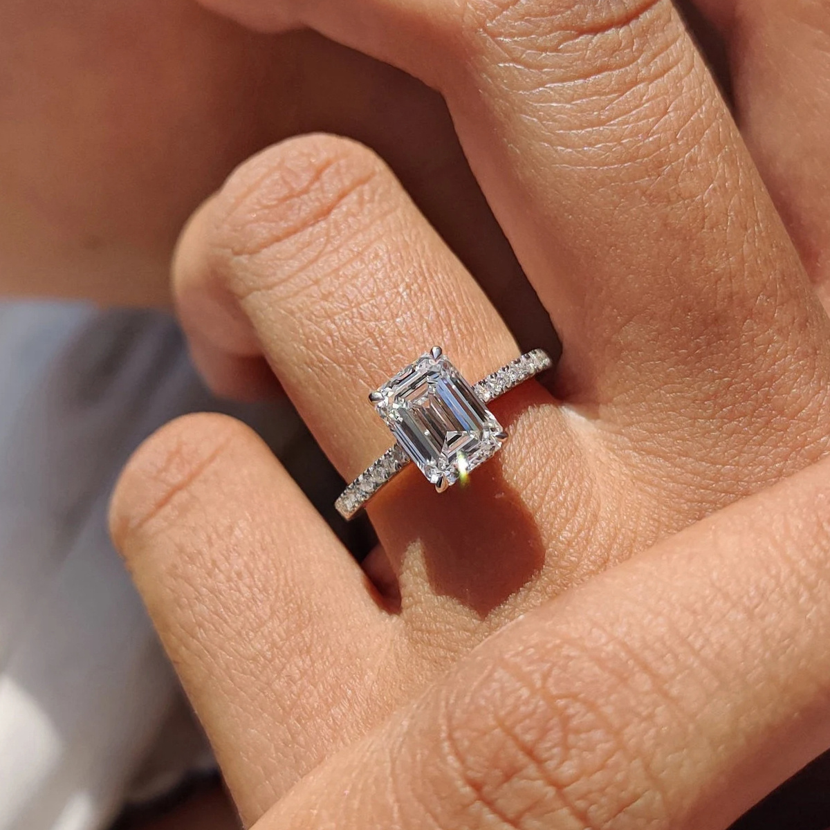 Emerald Cut Moissanite Engagement Ring in 925 Silver