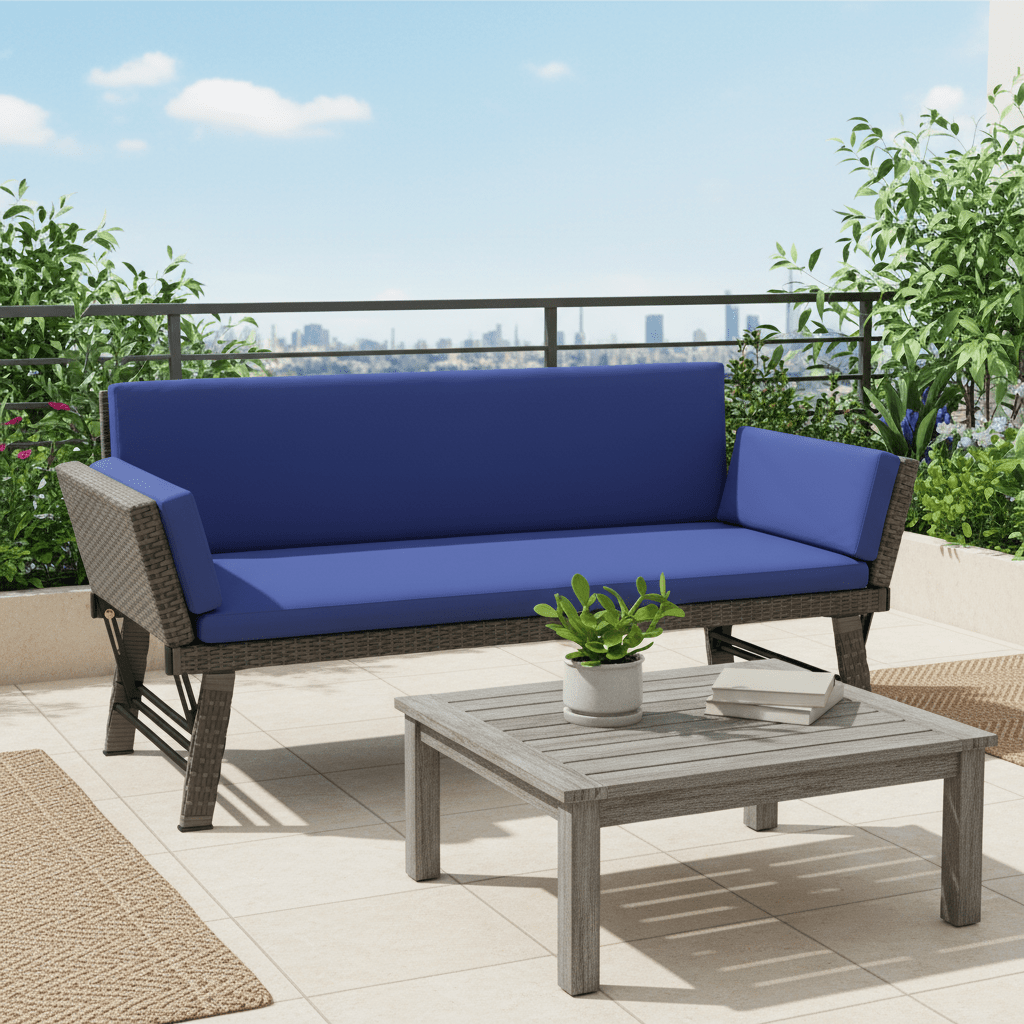 Patio Convertible Sofa Daybed, PE Rattan Patio Loveseat with   Armrests and Soft Cushions, Outdoor Chaise Lounge Couch for Porch, Balcony, Backyard and Poolside