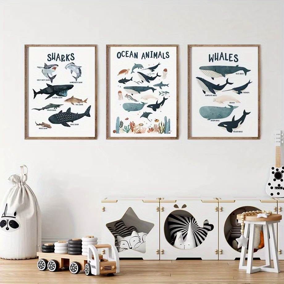 TEMU 3pcs Educational Ocean Animals Canvas Posters - Unframed, Durable Wall Art For Nursery & ' Room Decor, Featuring Whales, Sharks, And More