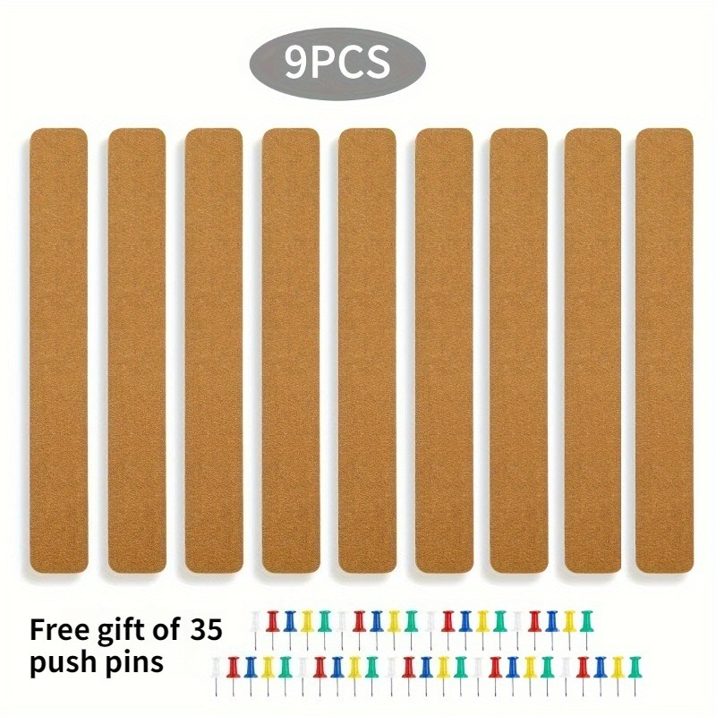 TEMU Paneles de pared de corcho autoadhesivos de 9 piezas, tiras largas de corcho, 35 chinchetas de metal en , con adhesivo fuerte para instalación