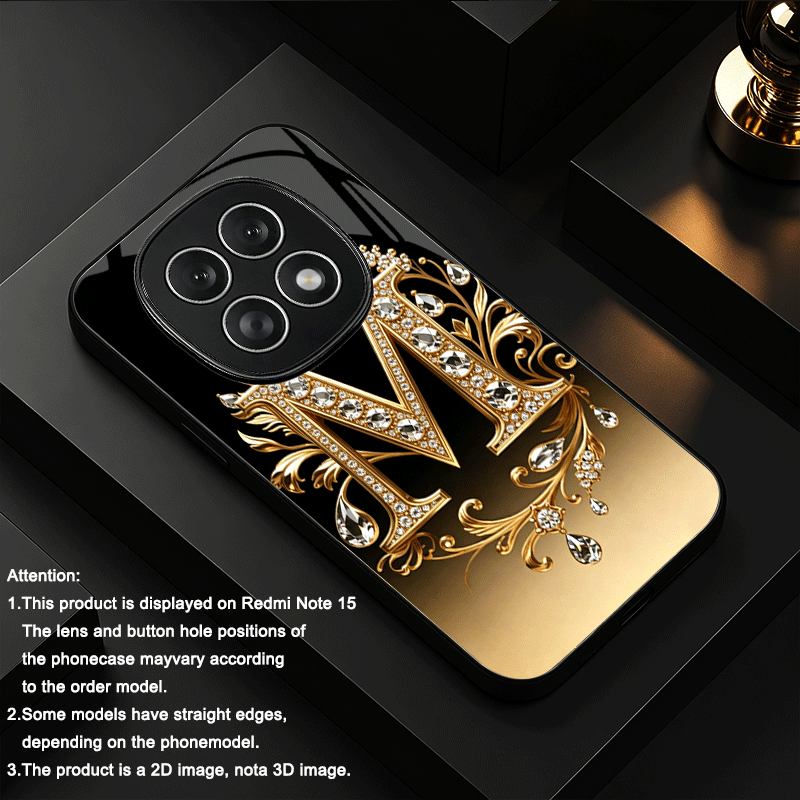 TEMU Phone Case: 2d Printed Golden Diamond Pearl Letter M Tempered Glass Phone Case, Suitable For Redmi Note 15 14 13 12 Pro Pro  4g 5g 12s 12turbo