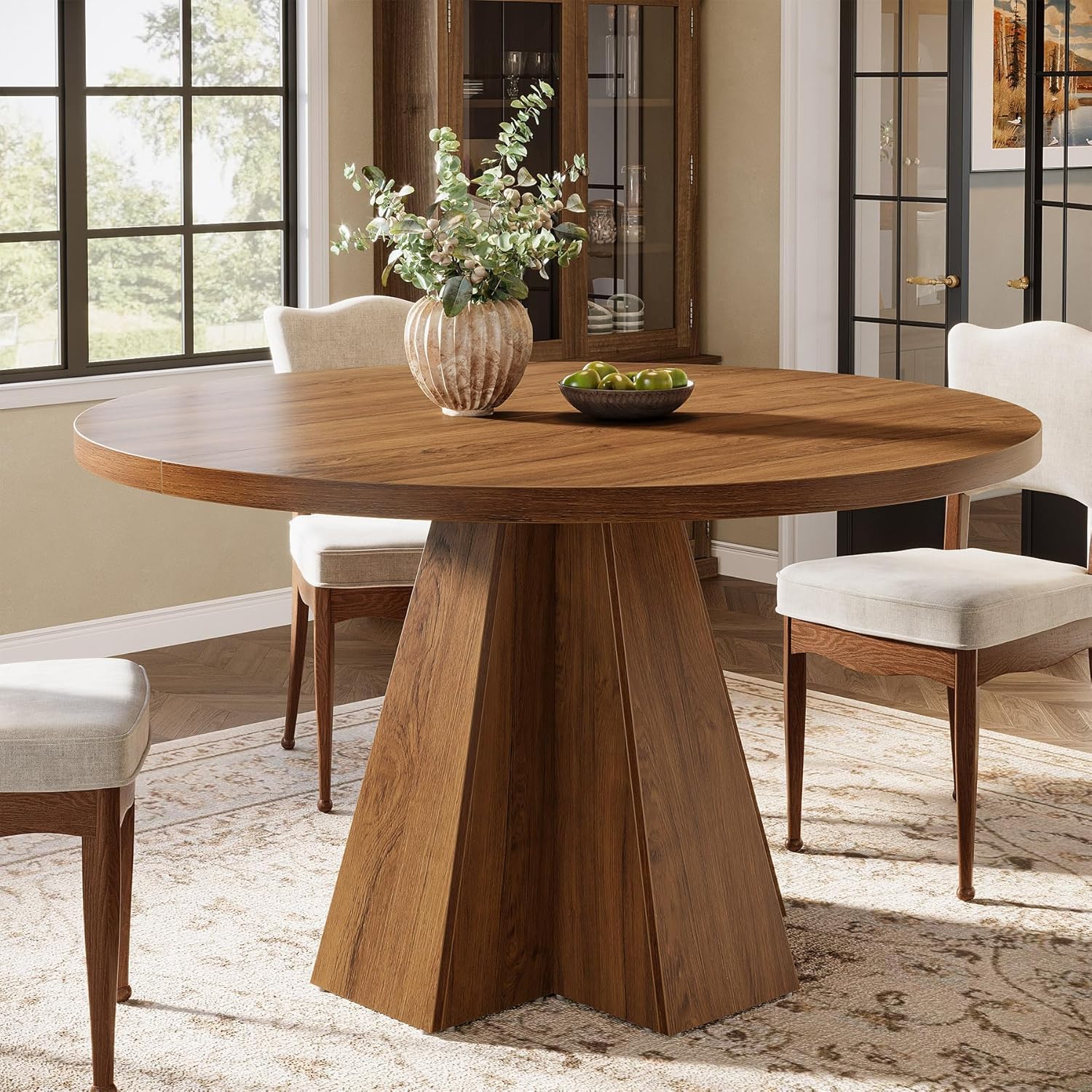Round Dining Table Suitable For 4 - Pedestal Base Kitchen Table With Walnut, Space- Circle Table For Small Spaces, Assembly, Sturdy Mdf For & Commercial Use