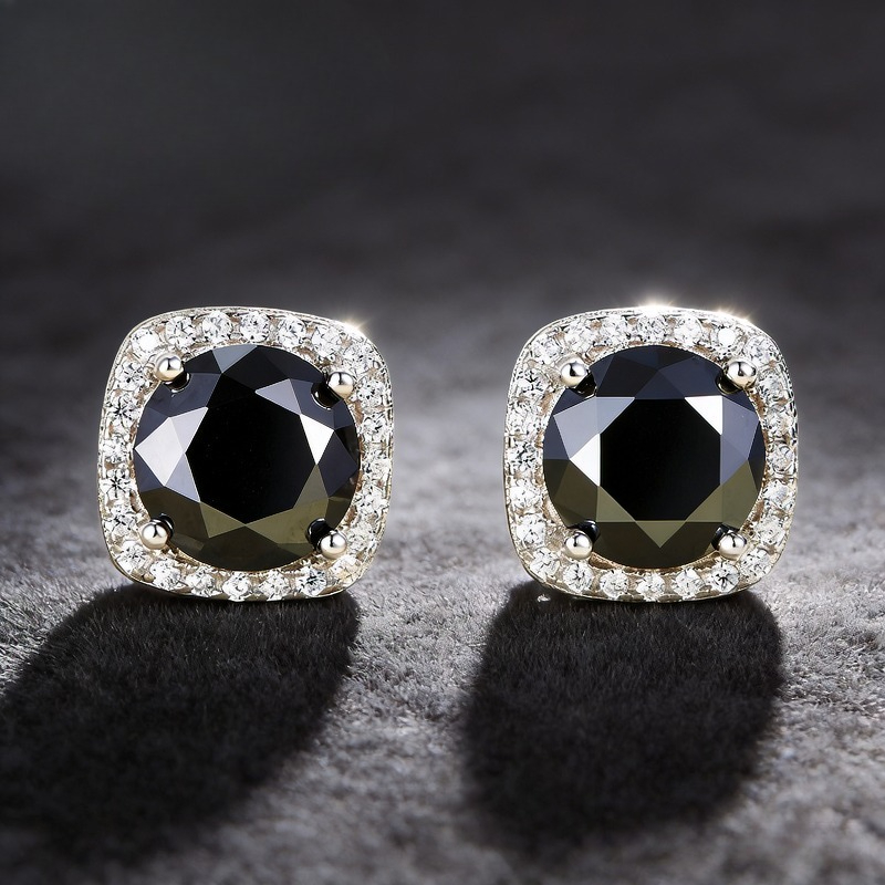 Women's Round Cut Black Moissanite Copper Stud Earrings, Proposal