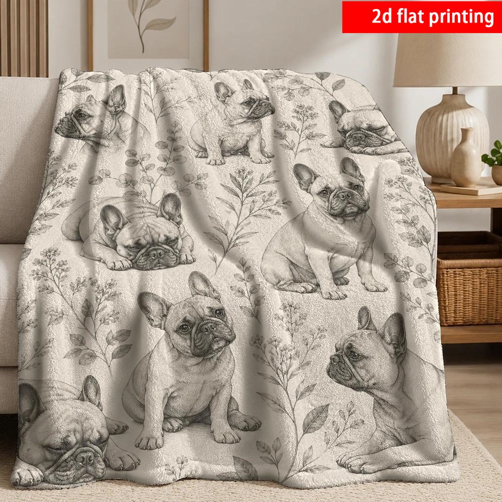 TEMU 2d Flat Printing, 1pc Of Sketch-style French Bulldog Floral Blanket, Black And White Hand-drawn French Bulldog With Branches, Leaves, And Floral