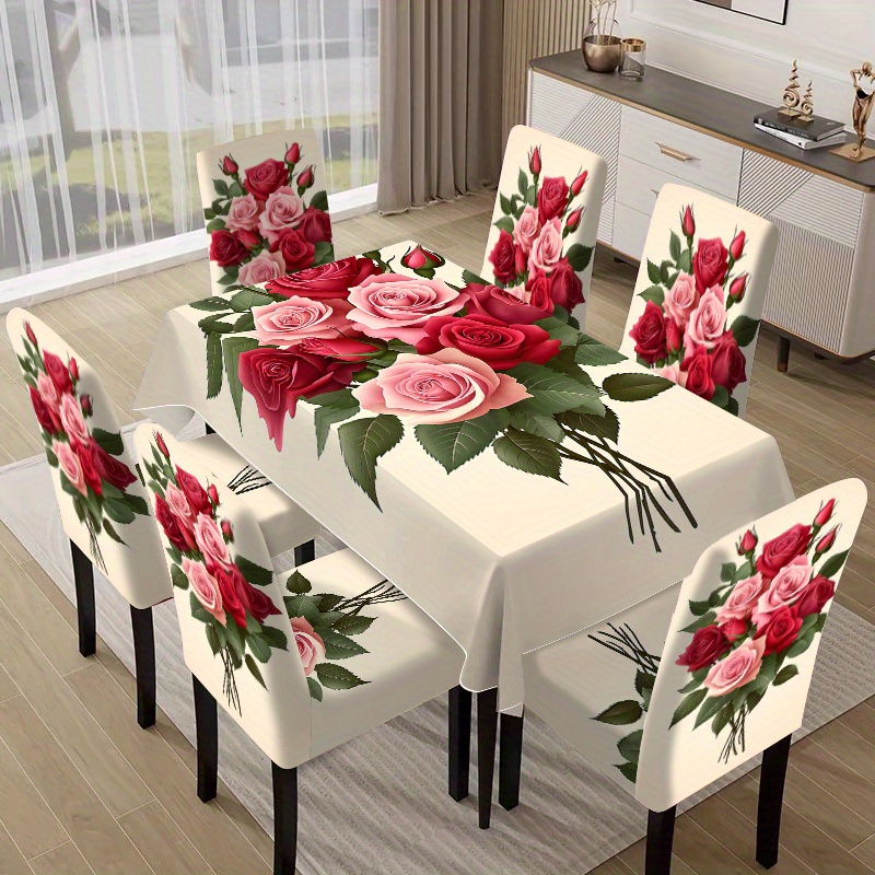 TEMU 7pcs Set, Chair Cover And Tablecloth Set, (1 Tablecloth   6 Chair Covers) Modern And Stylish Print, Suitable For Family Restaurants, Living