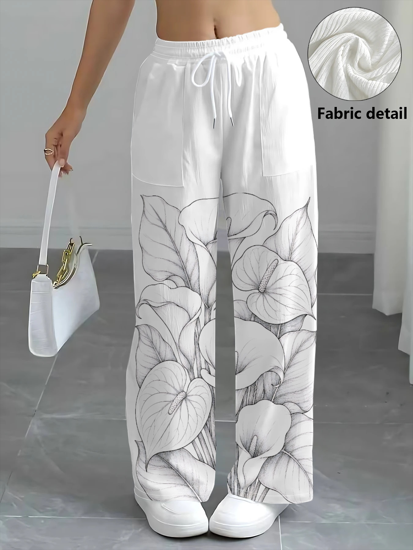 pantalon large pour femme avec imprimé latéral de   et base blanche pure, cordon de serrage, taille élastique, double poche, pantalon long décontracté et  
