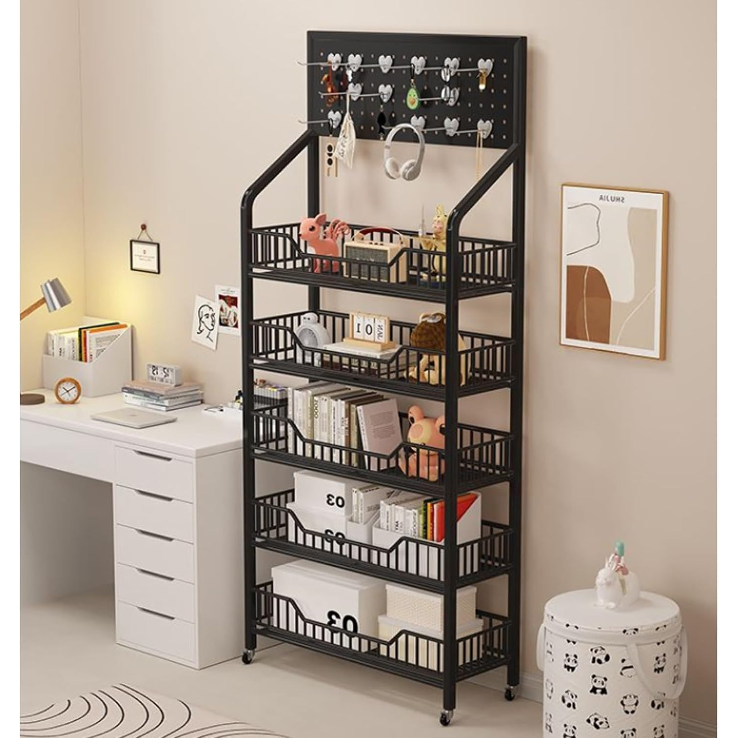 5-tier Snack Display Rack, Floor Standing Organizer With 15 Hooks, Retail Display Shelf For Supermarket& Store, Black