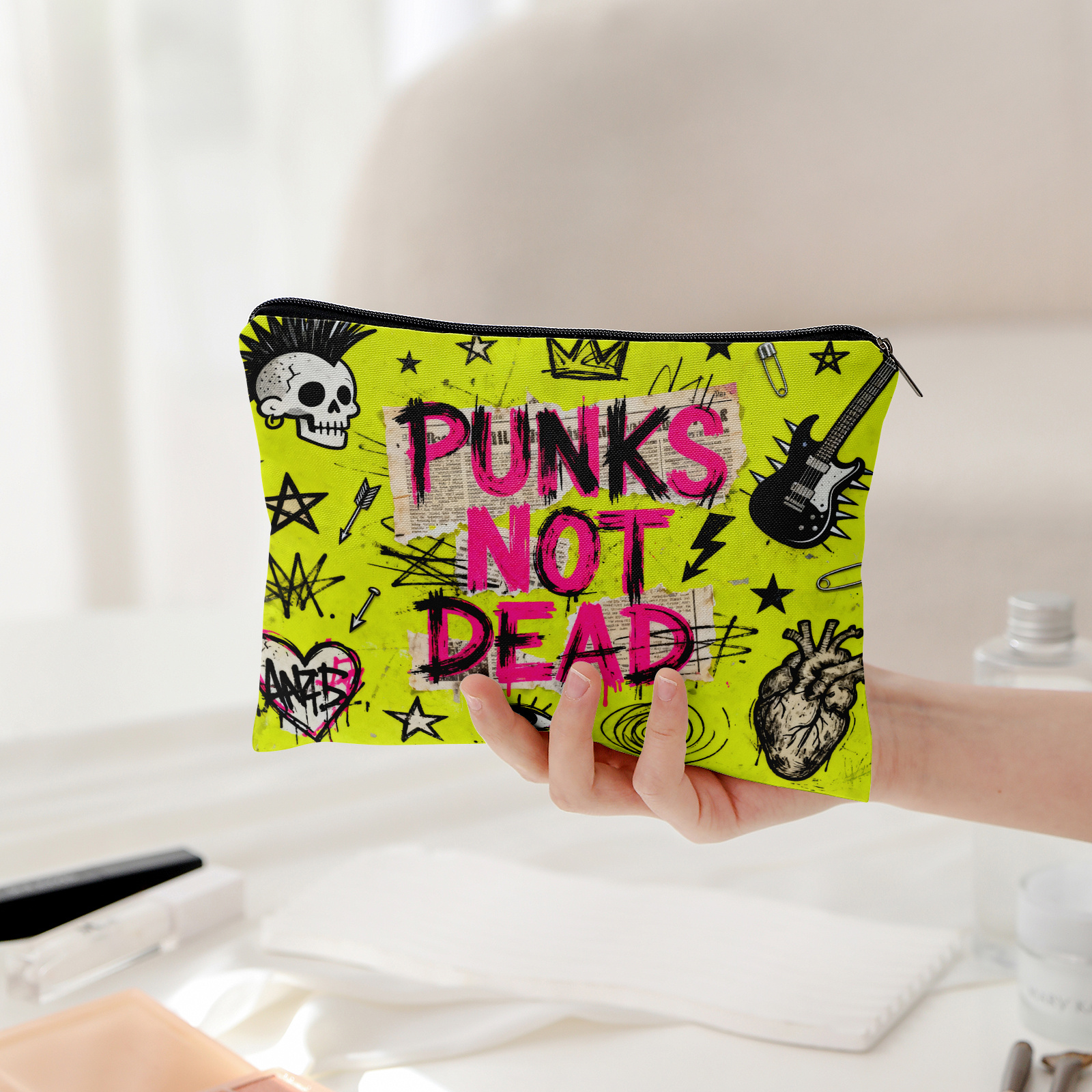 lined storage bag punk style skull guitar pattern makeup pouch travel toiletry bag with lining multi functional organizer categorized storage gift double sided print design ideal for cosmetics toiletries