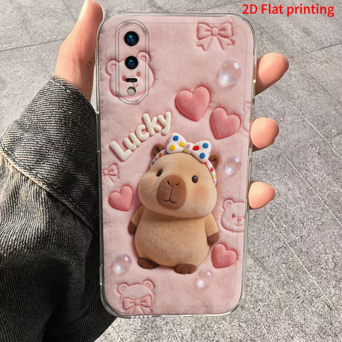 TEMU Phone Case: [phone Case] 2d Printed, Compatible With Huawei Honorcute Capybara On Pink Blanket With Hearts And Bowsp10/p20/3/40/p5/p60