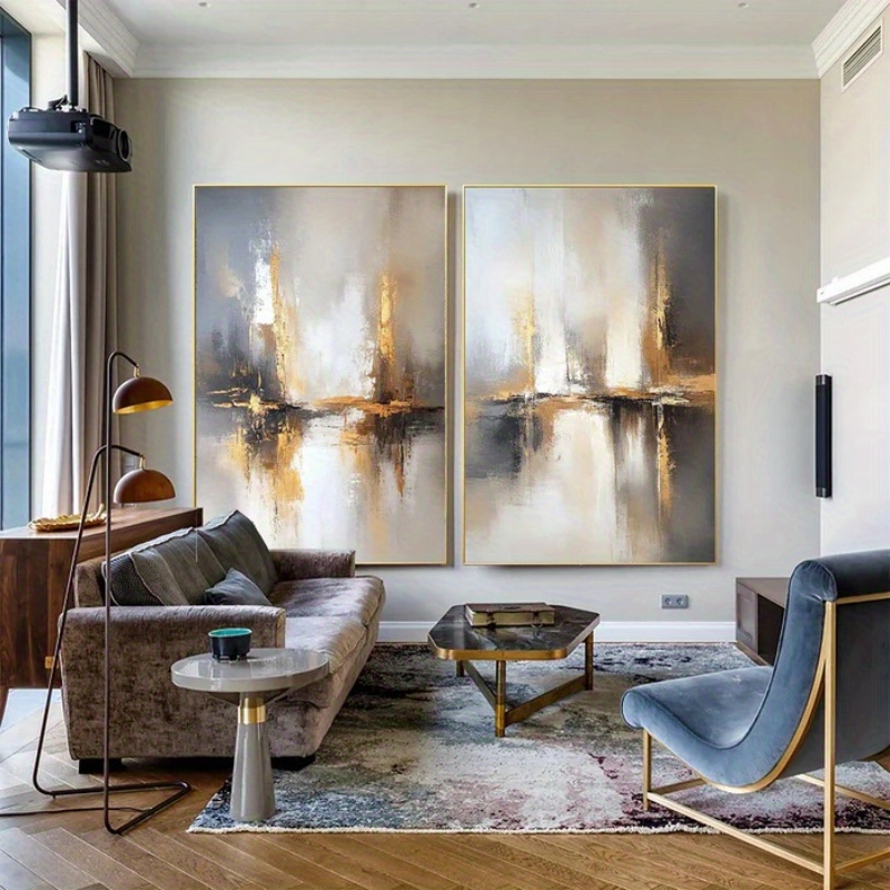 2pcs Impressionist & Minimalist Abstract Cityscape Oil Painting Set - Hand-Painted Beige & Golden Tone Large-Scale Inspired Canvas Wall Art Panels (Unframed) for Modern Living Room, Bedroom, Office Decor - Neutral Palette Luxury Paintings