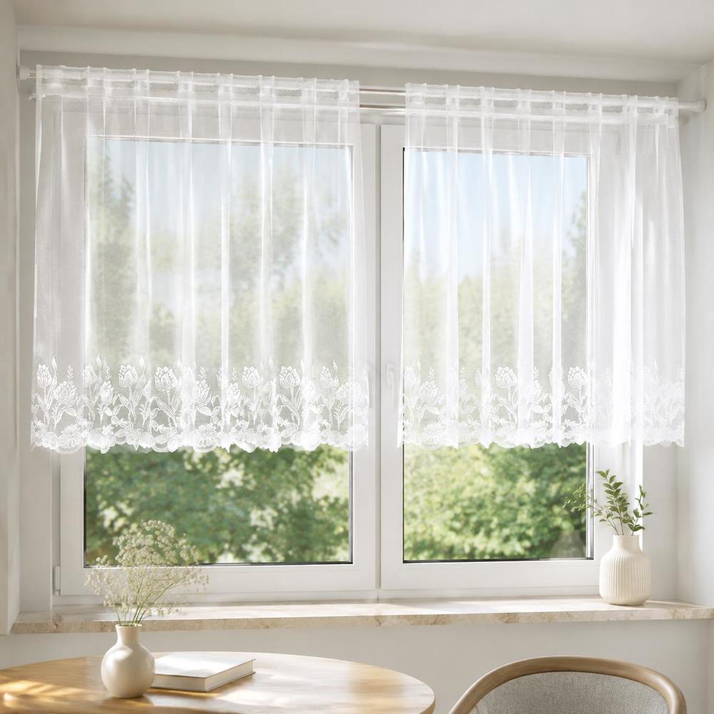 Image of Lace Curtains, White Sheer Window Drapes For Living Room Bedroom Office, Light Filtering Privacy Polyester Fabric, 100x200cm