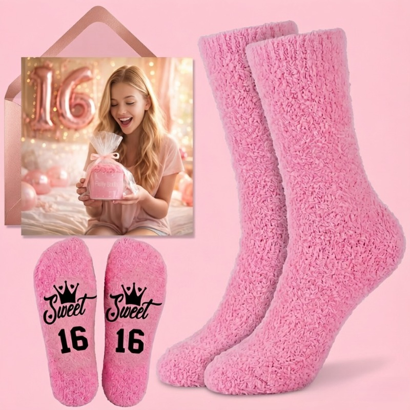 TEMU 1 Pair Sweet 16 Plush Socks &, Non-slip Fluffy Birthday Gift With Sweet 16 Lettering, Machine Washable For, Parties, Sleepovers - 16th Birthday