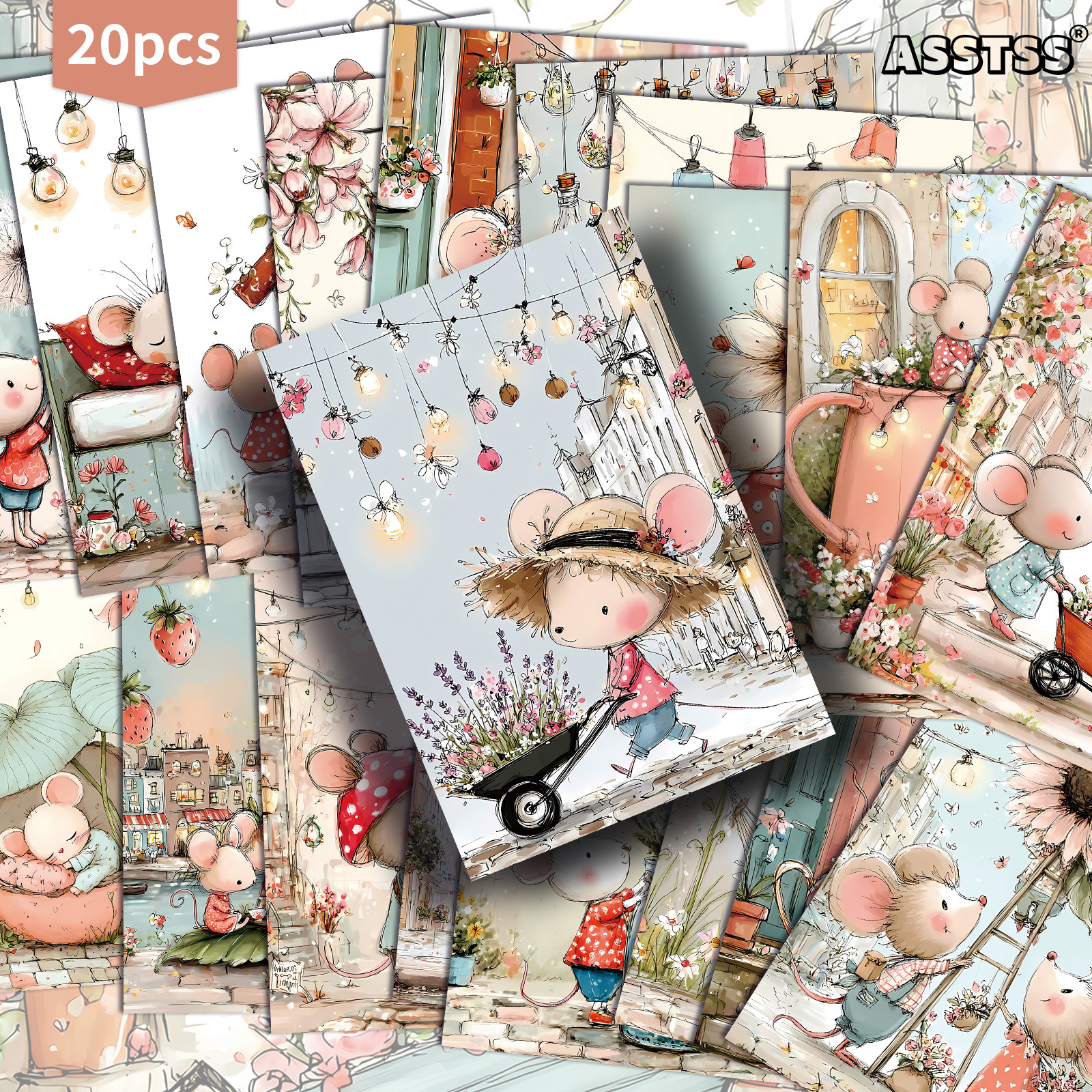 TEMU Lot de 20 cartes postales ASSTSS Vintage Whimsical Garden Mouse - 4X6 pouces, fournitures de journal rétro, illustrations , cartes de peinture