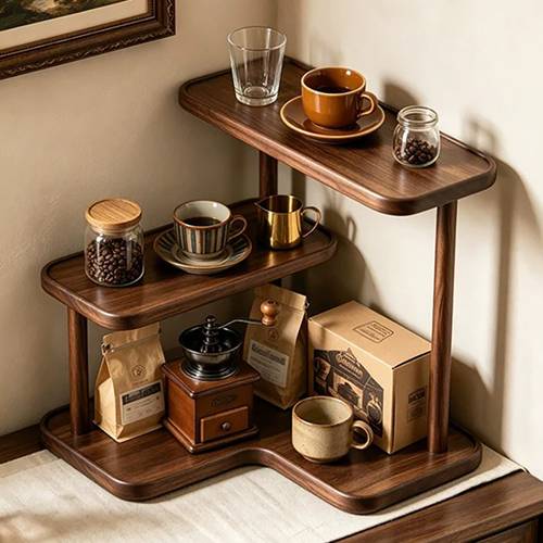 item picture premium bamboo multi tier l shaped corner countertop shelf walnut bar organizer rack century rustic display storage shelf for coffee station kitchen spice office desk upscale vintage home organizer