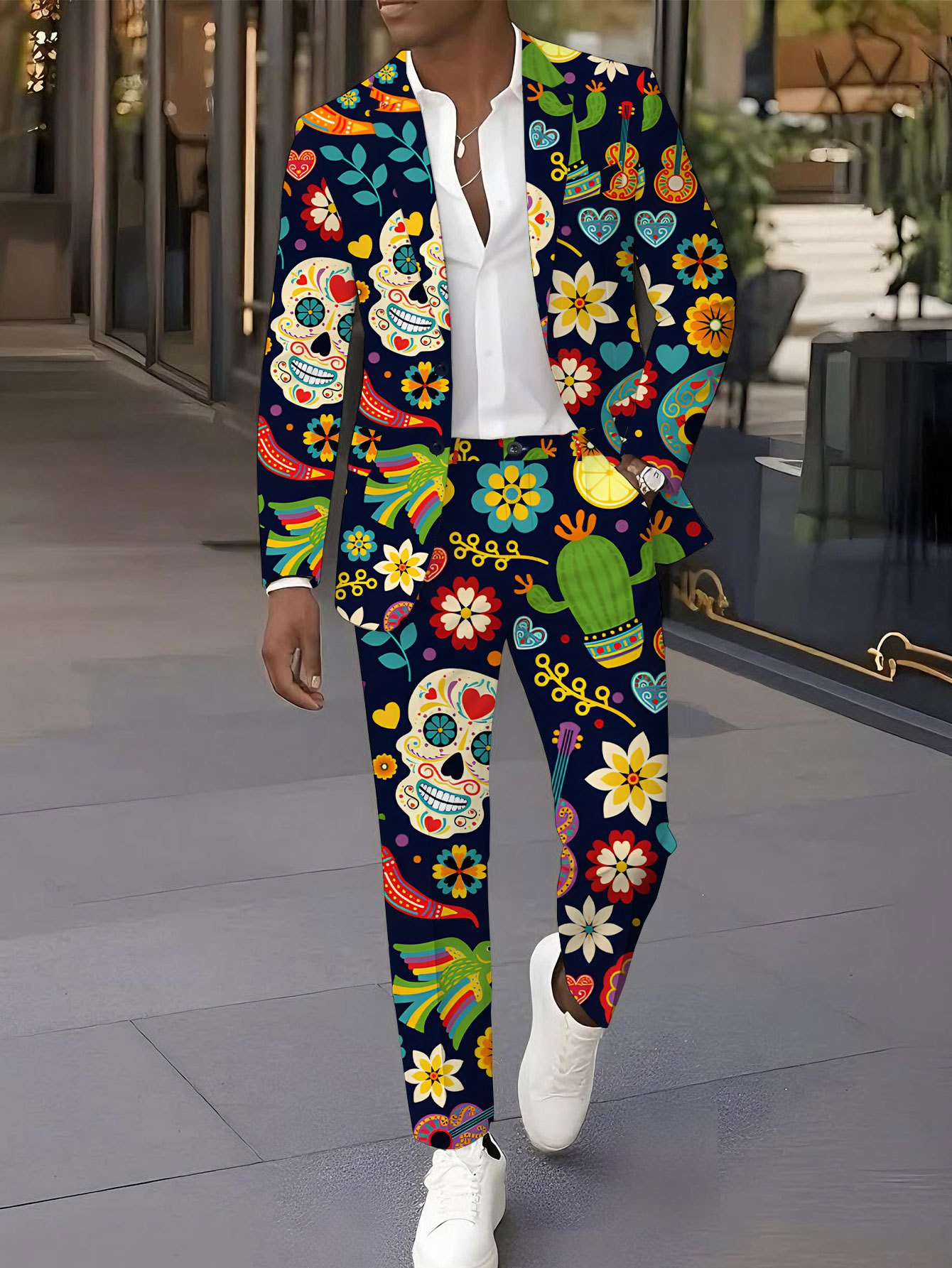 Men s   Suit Set with Pants - Christmas & Halloween Themed Multicolor Pattern Illustration, Classic Party Wedding Outfit, Trendy Printed Jacket and Trousers 2pcs Combo, Holiday Costume, Special Occasion Wear, Stylish Ensemble,  ,   Stitching, Matching Outfit, Men’S Fashion, Groom Attire