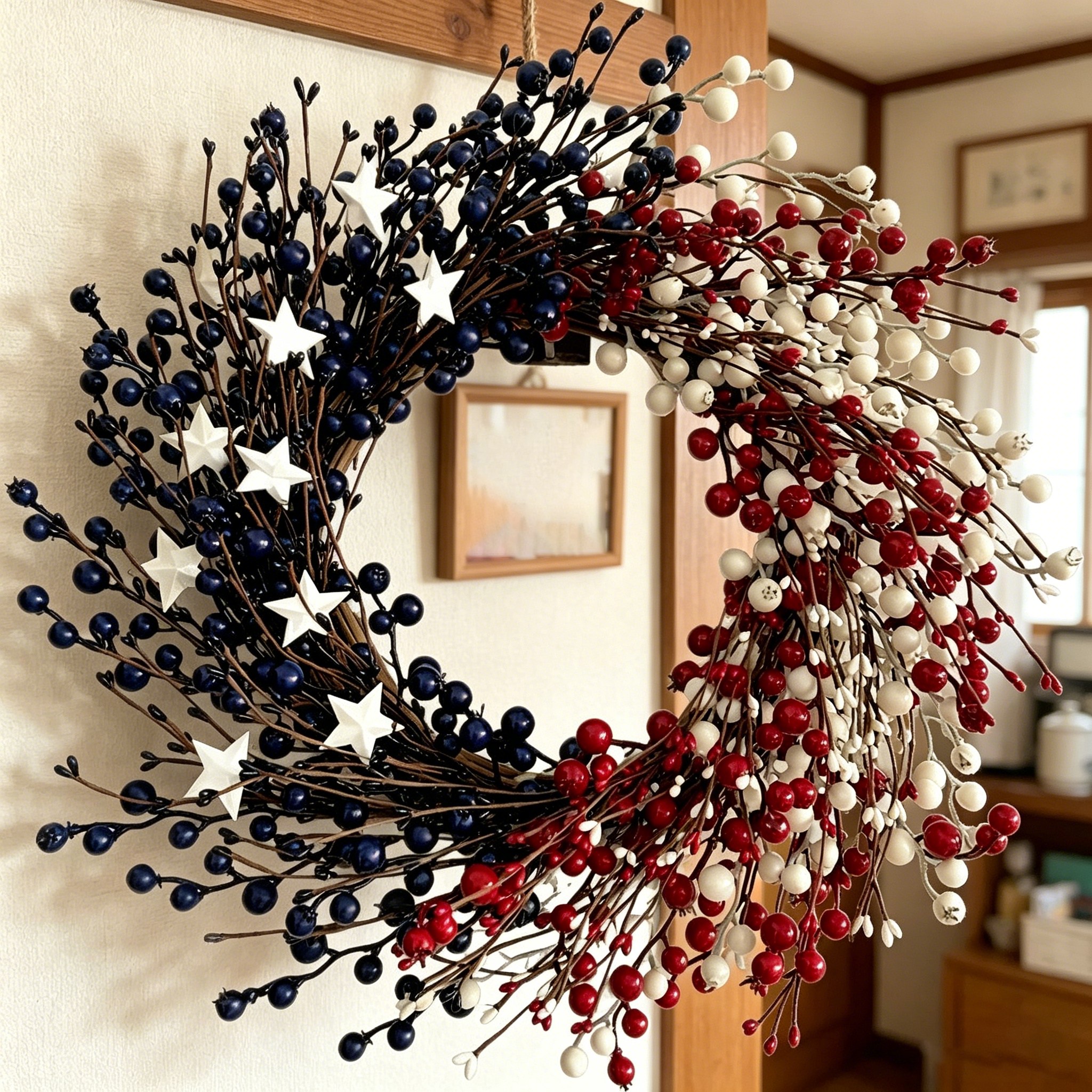 TEMU 1pc Patriotic Star-shaped Flower Wreath, With Red, White, , Star Decorations, Suitable For Front Door Decor, Welcome Flower Wreath On July 4th,