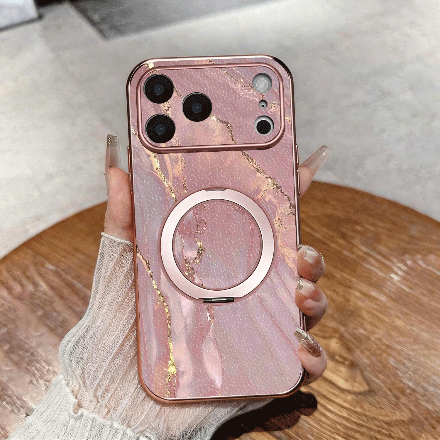 TEMU Phone Case - Pink Electroplated Powder Faux Leather Phone Case With 360Â° Rotatable Ring Stand Suitable For Iphone 17/16/15/14/13/12/11, Pro Max,