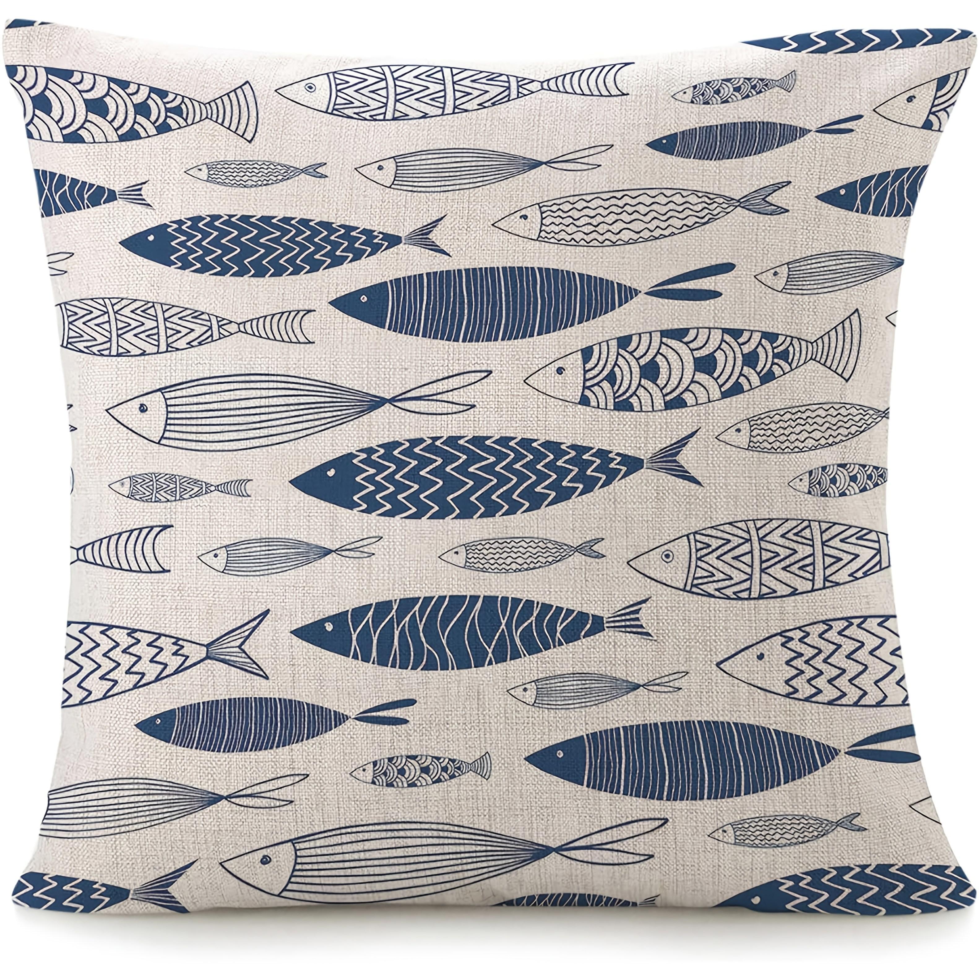 TEMU 1 Blue Fish Pattern Linen Pillowcase- Decorative Cover For Sofa Or Bed, Single-sided Design, No , Machine Washable, Zipper Closure, Cute