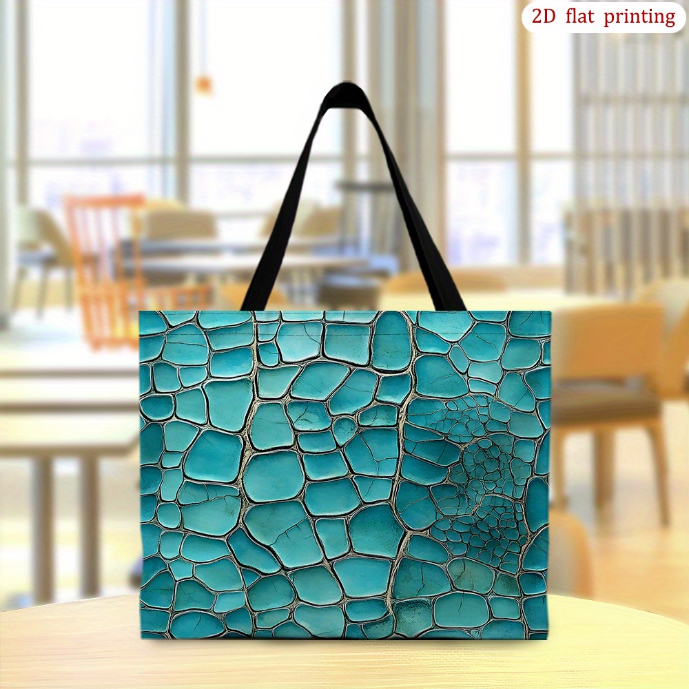 TEMU 1pc Turquoise Blue Cracked -like Tote Bag - Large Reusable Shopping Bag With Double Handle, Stylish Durable 2d Flat Print Design For Beach,